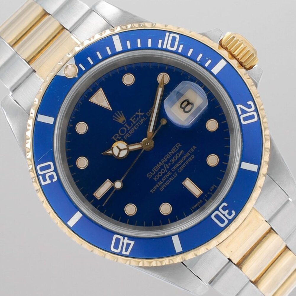 Rolex Submariner Two Tone 40mm Watch Blue Dial & Insert Gold Bezel Oyster 16613